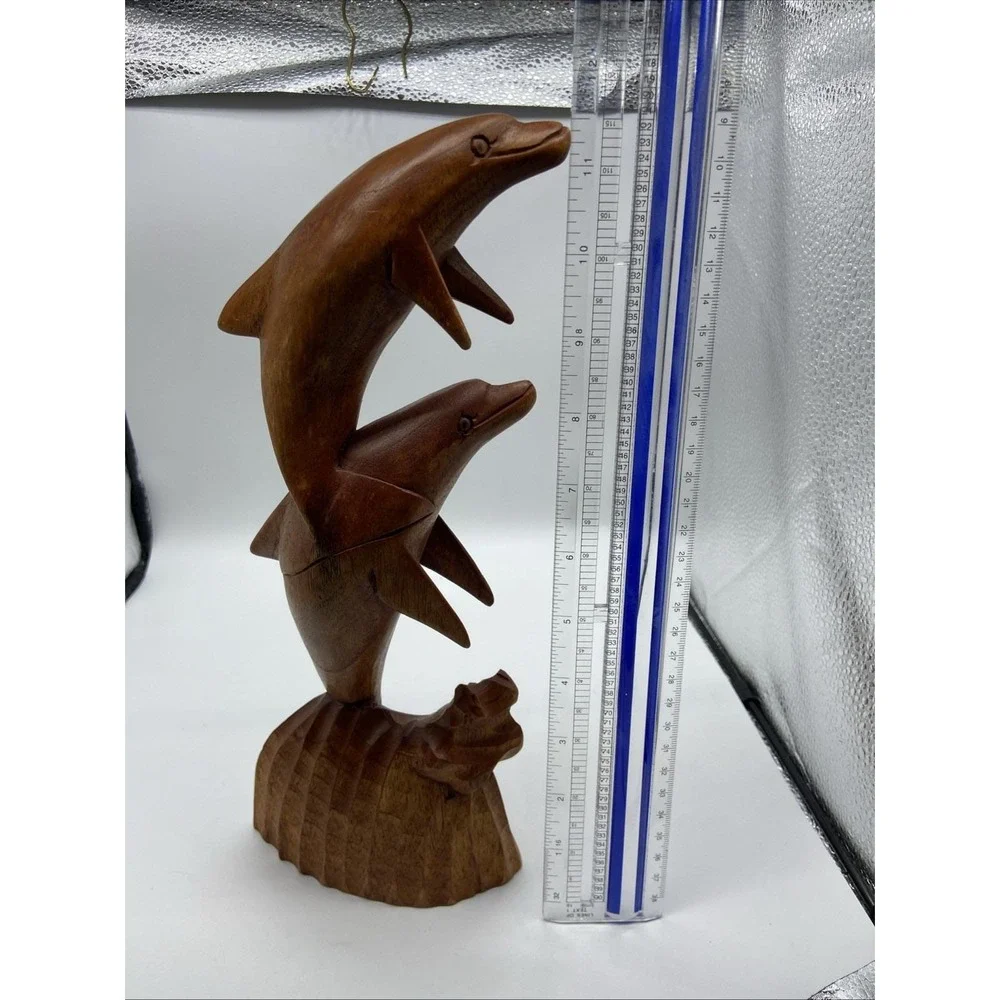 Vintage Hand Carved Wood Dolphin Sculpture Double Leaping Dolphin Nautical Decor